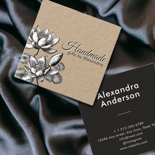 Minimale handgemaakte naam en bloemige waterlelie  vierkante visitekaartje