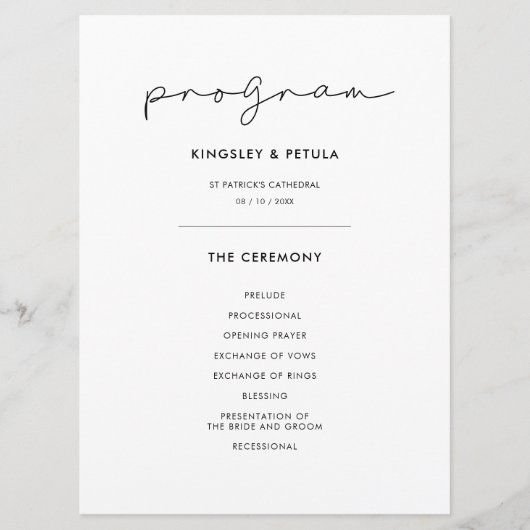 Minimale handgeschreven bruiloft programmakaart (Voorkant)