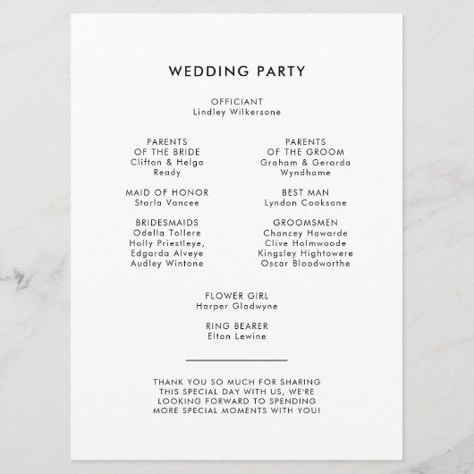 Minimale handgeschreven bruiloft programmakaart (Achterkant)