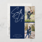 Minimale handgeschreven foto Collage Navy Blue Aankondigingskaart (Voorkant / Achterkant)