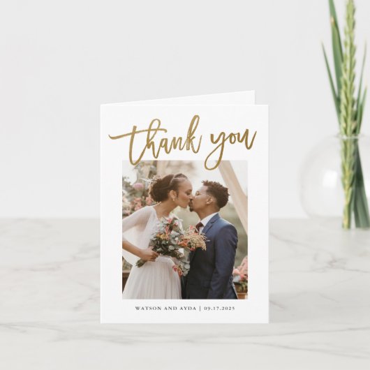 Minimale handgeschreven fotobruiloft bedankkaart (Voorkant)