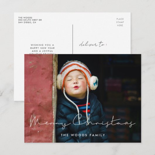 Minimale handgeschreven kinder kerstfoto voor Merr Briefkaart (Voorkant / Achterkant)