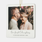 Minimale handgeschreven onze eerste kerstfoto keramisch ornament (Links)