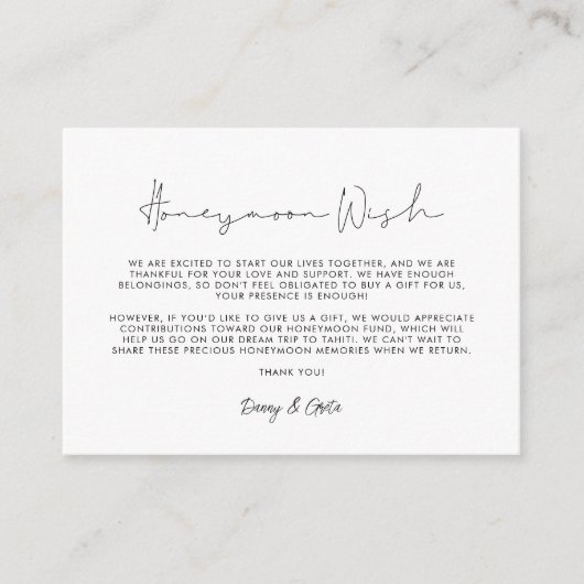 Minimale handgeschreven wens van Honeymoon Informatiekaartje (Voorkant)