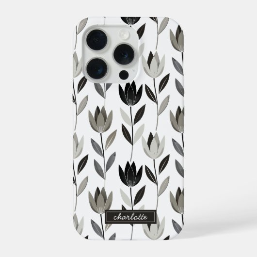 Minimale handgetekende Boho tulpen monogram naam iPhone Hoesje (Achterkant)