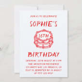 Minimale handgetekende rode cake 16e verjaardag kaart (Voorkant)