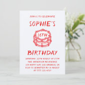 Minimale handgetekende rode cake 16e verjaardag kaart (Staand voorkant)