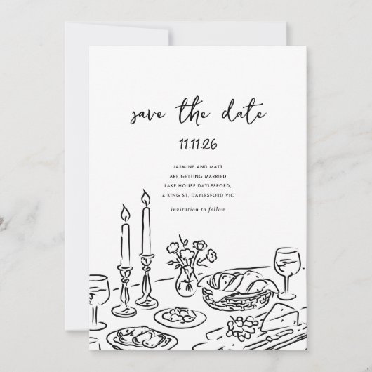 Minimale handgetekende speelse krabbel om de datum save the date (Voorkant)
