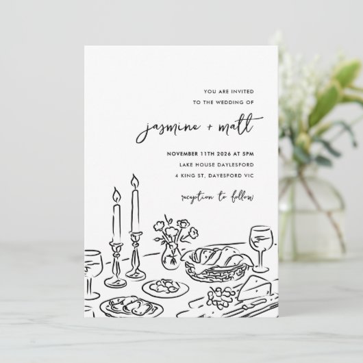 Minimale handgetekende speelse krabbel trouwkaart save the date (Staand voorkant)