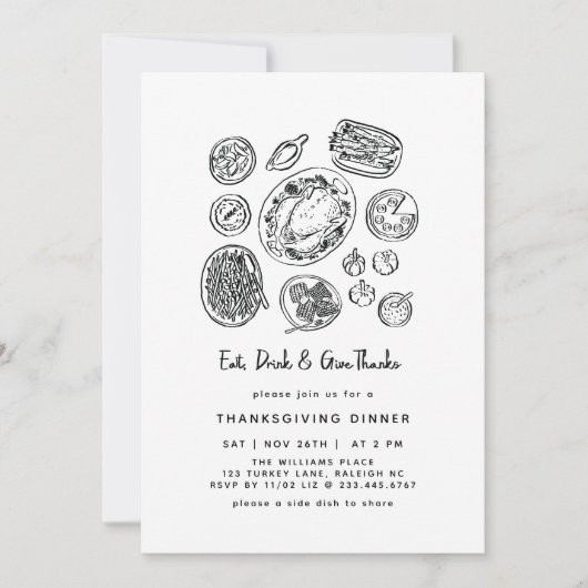 Minimale handgetekende Thanksgiving-diner herfst Kaart (Voorkant)