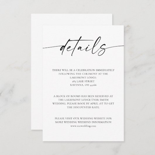 Minimale handleiding voor bruiloft met details informatiekaartje (Voorkant / Achterkant)