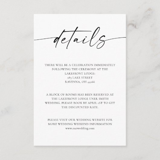 Minimale handleiding voor bruiloft met details informatiekaartje (Voorkant)