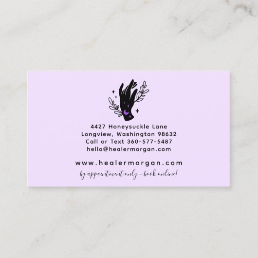 Minimale handpalen en motorfase metafysisch Reiki Visitekaartje (Achterkant)