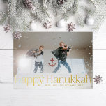 Minimale Happy Hanukkah Holiday Foto Gold Foil Folie Feestdagenkaart<br><div class="desc">Echte gouden folie is hier; kies voor de grafische en bewerkbare tekst uit goud,  roos goud of zilverfolie. Voeg indien gewenst een bericht of meer foto's aan de rug toe.</div>