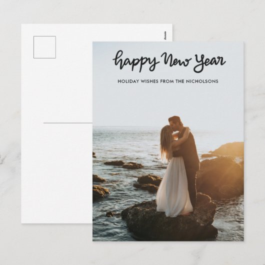 Minimale Happy New Year Handwrite-scriptfoto Feestdagenkaart (Voorkant / Achterkant)