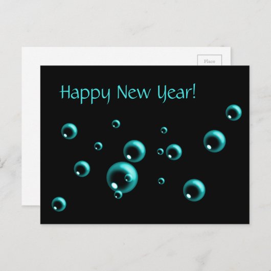 Minimale Happy Nieuwjaar Aqua Bubbles op zwart Feestdagenkaart (Voorkant / Achterkant)