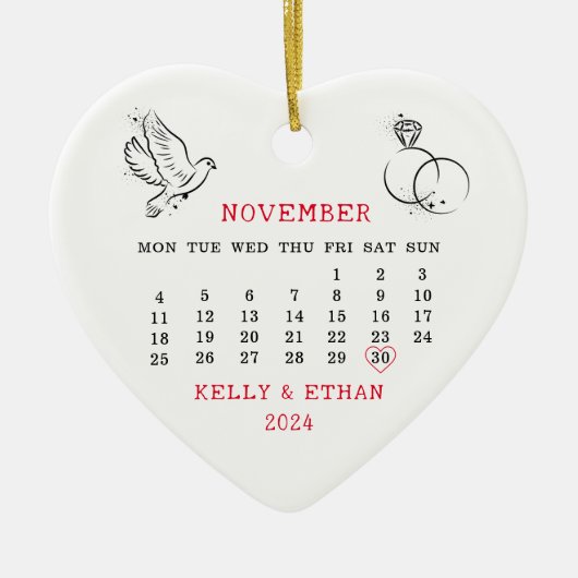 Minimale Hart Kalender Herfst Bruiloft 2024 Keramisch Ornament (Voorkant)