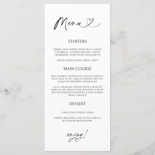 Minimale hart menukaart receptie formeel diner  (Voorkant)