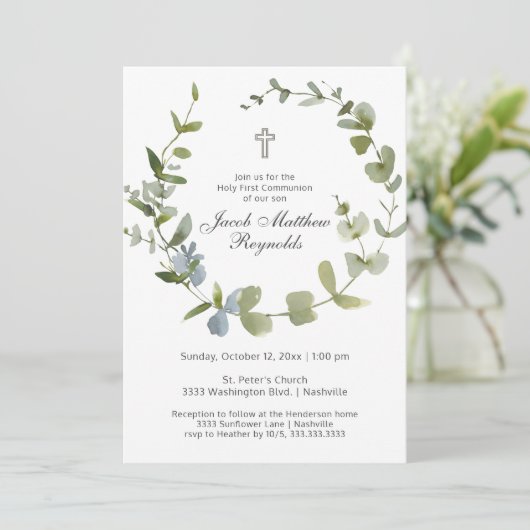 Minimale Heilige Communie Eucalyptus Greenery Kaart (Staand voorkant)