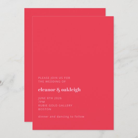 Minimale helderrode roze moderne eenvoudige bruilo kaart (Voorkant / Achterkant)