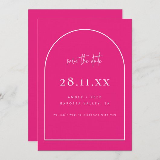 Minimale helderroze functie bij moderne Arch Retro Save The Date (Voorkant / Achterkant)