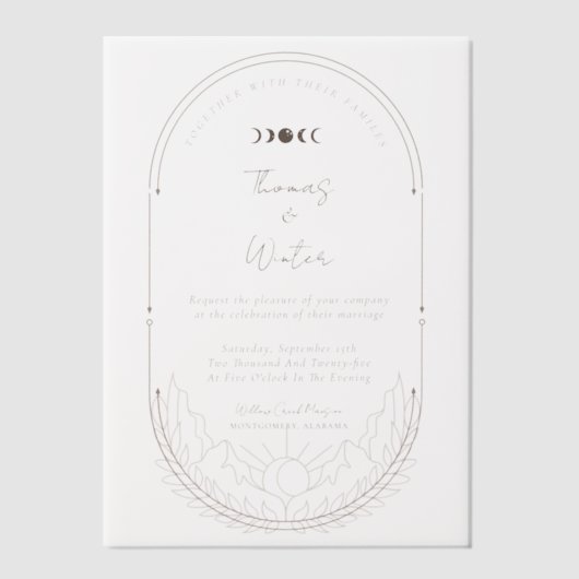 Minimale hemelholistische maan & sterren monogram vellum uitnodigingen (Voorkant)