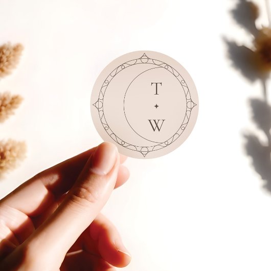 Minimale hemelmaan & sterren bruiloft monogram ronde sticker