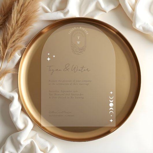 Minimale Hemelse Boho Maan & Sterren Boog Huwelijk Acryl Uitnodigingen