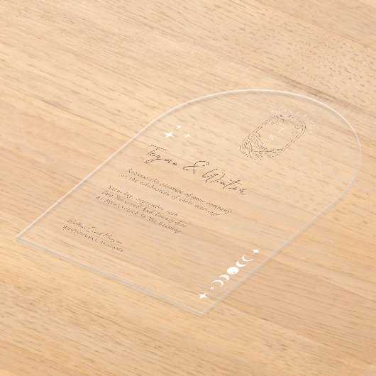 Minimale Hemelse Boho Maan & Sterren Boog Huwelijk Acryl Uitnodigingen (Laagn)