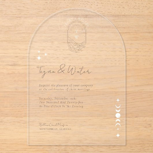 Minimale Hemelse Boho Maan & Sterren Boog Huwelijk Acryl Uitnodigingen (Voorkant)