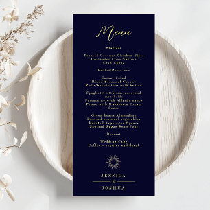 Minimale hemelse mystieke zon marineblauwe bruilof menu