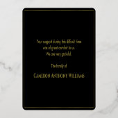 Minimale herdenkingsbegrafenis zwart en goudder folie uitnodiging (Achterkant)