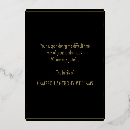 Minimale herdenkingsbegrafenis zwart en goudder folie uitnodiging (Achterkant)