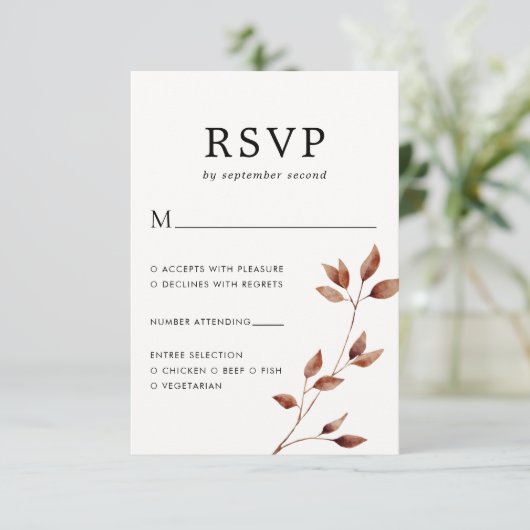 Minimale Herfst Leaf Botanical Wedding RSVP Kaartje (Staand voorkant)