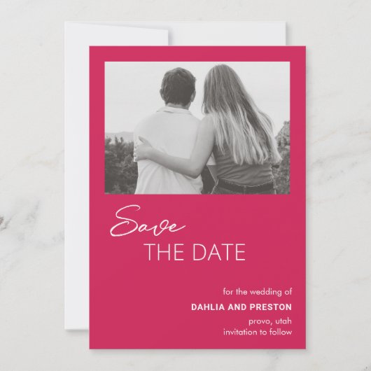 Minimale Hot Pink foto Moderne bruiloft Save The Date (Voorkant)