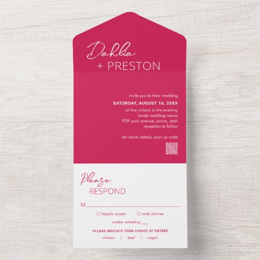 Minimale Hot Pink QR Code Moderne bruiloft All In One Uitnodiging (Binnen)