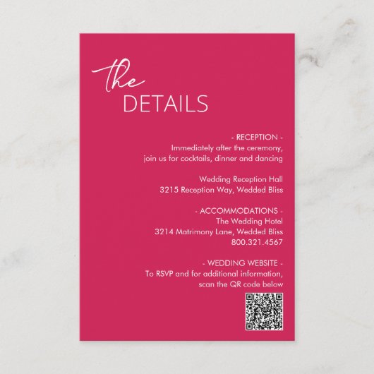 Minimale Hot Pink QR Code Moderne bruiloft Informatiekaartje (Voorkant)