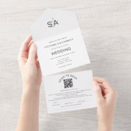 Minimale Initialen QR Code Black White Wedding All In One Uitnodiging