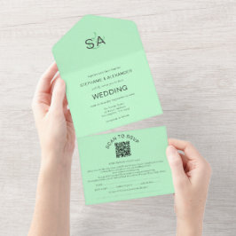 Minimale Initialen QR Code Munt Green Wedding All In One Uitnodiging