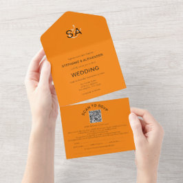 Minimale Initialen QR Code najaar Oranje huwelijk All In One Uitnodiging