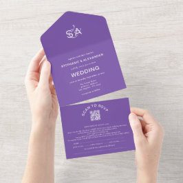 Minimale Initialen QR Code Paars bruiloft All In One Uitnodiging