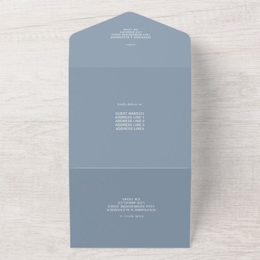 Minimale Initialen QR-code Stusty Blue Wedding All In One Uitnodiging (Buitenkant)
