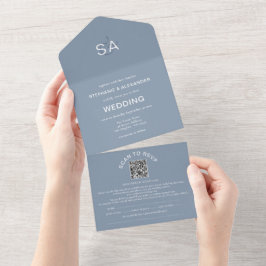 Minimale Initialen QR-code Stusty Blue Wedding All In One Uitnodiging