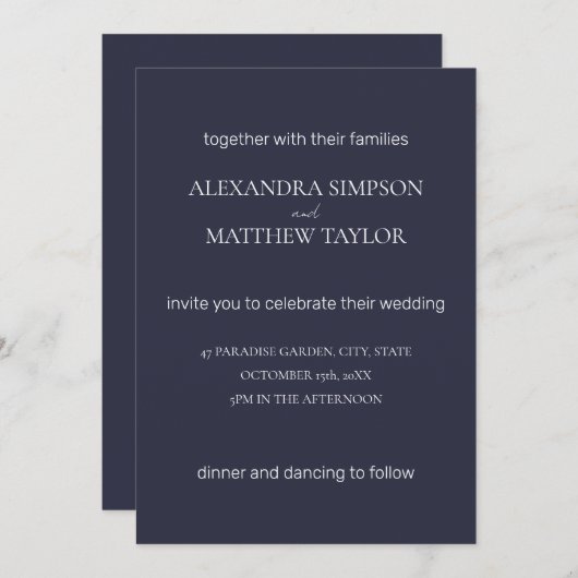 Minimale inkt blauw en wit: moderne elegante bruil kaart (Voorkant / Achterkant)