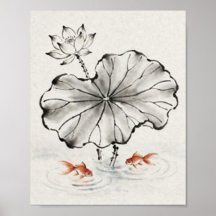 Minimale Inkt Lotus en Goudvis Poster