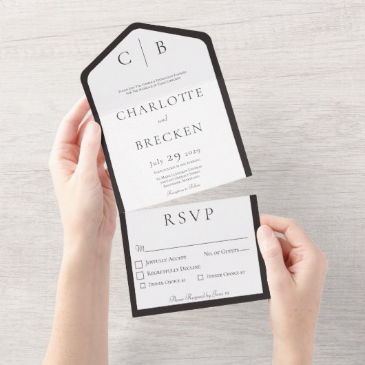 Minimale inwendige kolen zwart-witmonogram all in one uitnodiging (Afscheurbaar)