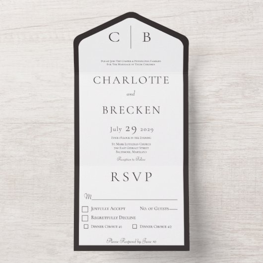 Minimale inwendige kolen zwart-witmonogram all in one uitnodiging (Binnen)