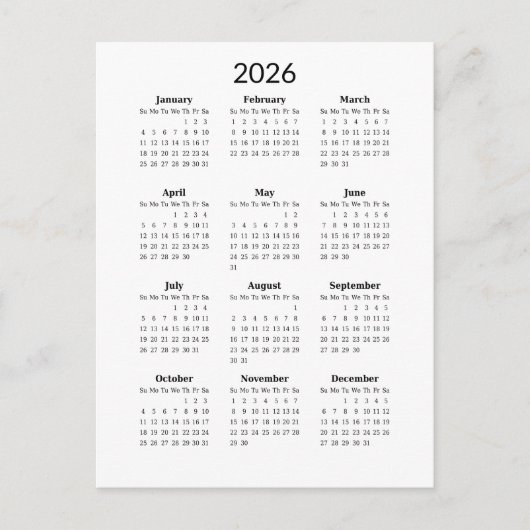 Minimale kalender 2026 briefkaart (Voorkant)