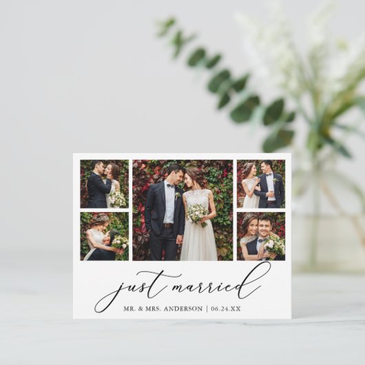 Minimale kalligrafie 5 Foto's die net getrouwd zij Briefkaart (Staand voorkant)