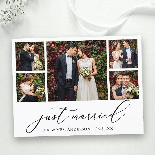 Minimale kalligrafie 5 Foto's die net getrouwd zij Briefkaart